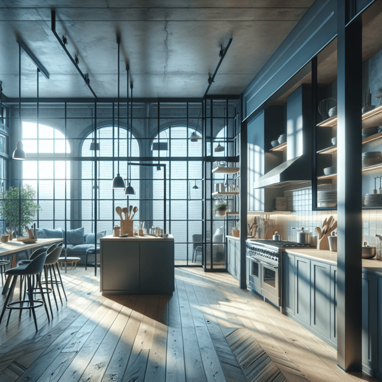 blaugraue Küche im Loftstil-Potsdam