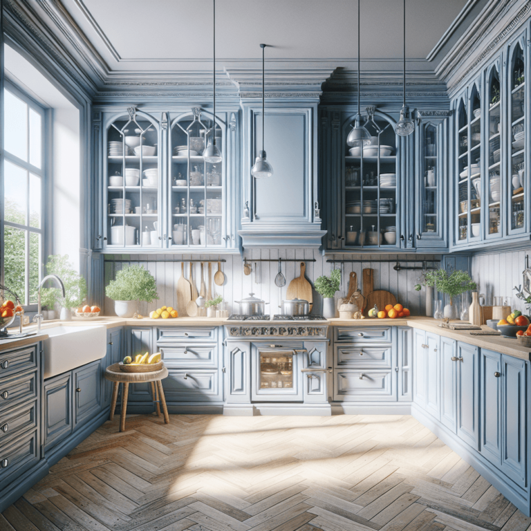 blaugraue Küche im Shabby Chic Stil-Potsdam